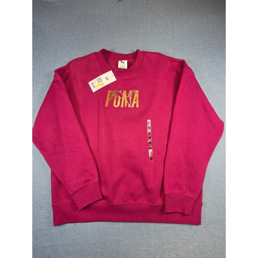 Puma Womens Essentials Metallic Logo Crew Neck Sweatshirt Pink Gold Med. NWT